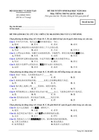 Đề thi tuyển sinh Đại học năm 2014 môn Tiếng Trung Quốc Khối D - Mã đề thi 846 (Có đáp án)