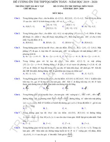 Đề cương ôn THPTQG môn Toán - Chủ đề Oxyz (Mức 4) - Năm học 2019- 2020