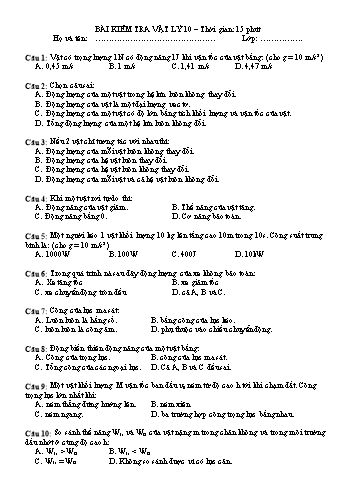 Đề kiểm tra 15 phút môn Vật lí 10 - Năm học 2020- 2021