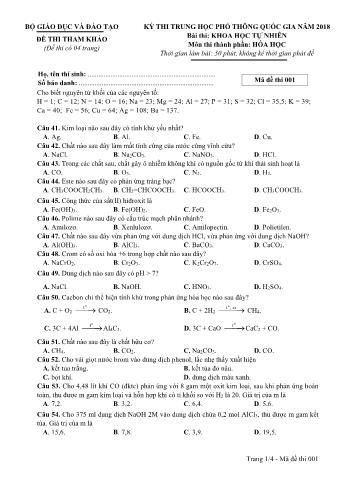 Đề tham khảo THPT QG Năm 2018 môn Hóa học - Mã đề 001