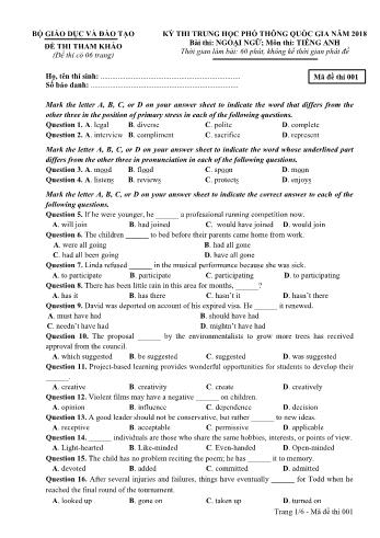 Đề tham khảo THPT QG Năm 2018 môn Tiếng Anh - Mã đề 001