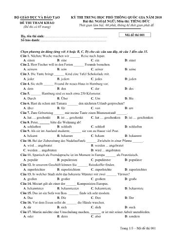 Đề tham khảo THPT QG Năm 2018 môn Tiếng Đức - Mã đề 001