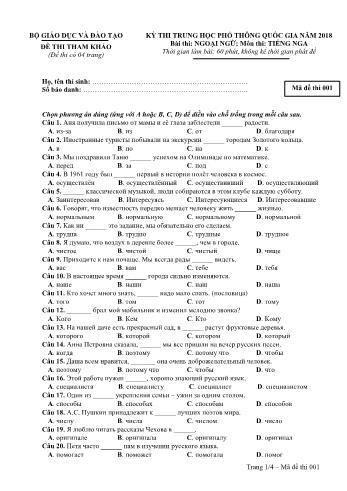 Đề tham khảo THPT QG Năm 2018 môn Tiếng Nga - Mã đề 001