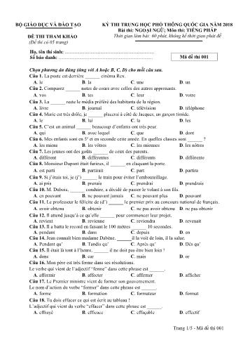 Đề tham khảo THPT QG Năm 2018 môn Tiếng Pháp - Mã đề 001