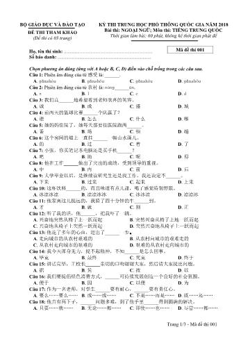 Đề tham khảo THPT QG Năm 2018 môn Tiếng Trung - Mã đề 001