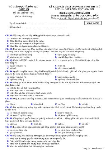 Đề thi thử THPT đợt 1 môn GDCD 12 (Mã đề 302) - Năm học 2020- 2021 (Kèm đáp án)