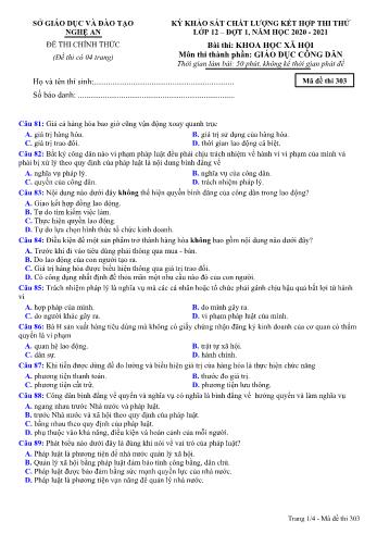 Đề thi thử THPT đợt 1 môn GDCD 12 (Mã đề 303) - Năm học 2020- 2021 (Kèm đáp án)