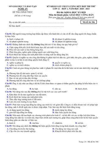 Đề thi thử THPT đợt 1 môn GDCD 12 (Mã đề 306) - Năm học 2020- 2021 (Kèm đáp án)