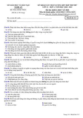 Đề thi thử THPT đợt 1 môn GDCD 12 (Mã đề 313) - Năm học 2020- 2021 (Kèm đáp án)