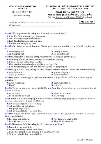 Đề thi thử THPT đợt 1 môn GDCD 12 (Mã đề 314) - Năm học 2020- 2021 (Kèm đáp án)