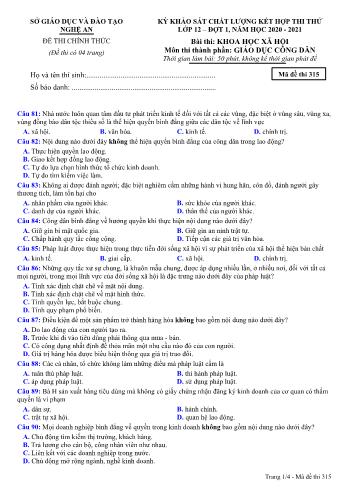Đề thi thử THPT đợt 1 môn GDCD 12 (Mã đề 315) - Năm học 2020- 2021 (Kèm đáp án)