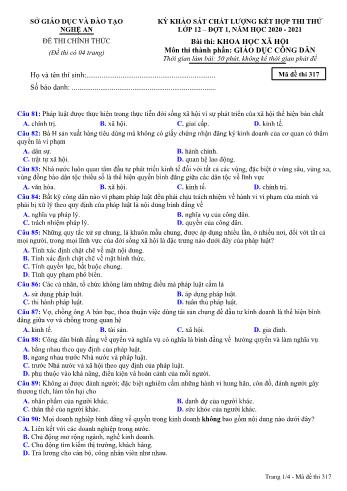 Đề thi thử THPT đợt 1 môn GDCD 12 (Mã đề 317) - Năm học 2020- 2021 (Kèm đáp án)
