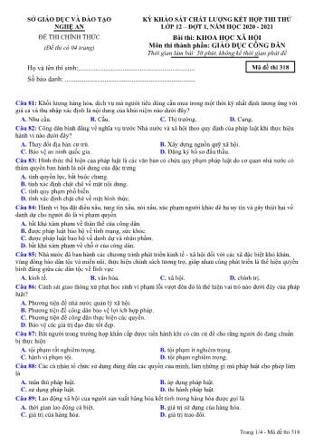 Đề thi thử THPT đợt 1 môn GDCD 12 (Mã đề 318) - Năm học 2020- 2021 (Kèm đáp án)