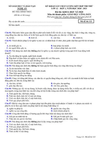 Đề thi thử THPT đợt 1 môn GDCD 12 (Mã đề 323) - Năm học 2020- 2021 (Kèm đáp án)