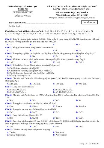 Đề thi thử THPT đợt 1 môn Hóa học 12 (Mã đề 201) - Năm học 2020- 2021 (Kèm đáp án)