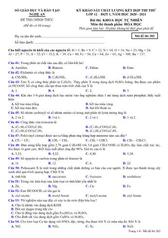 Đề thi thử THPT đợt 1 môn Hóa học 12 (Mã đề 202) - Năm học 2020- 2021 (Kèm đáp án)