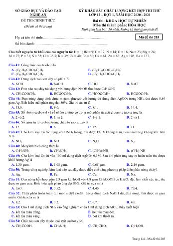 Đề thi thử THPT đợt 1 môn Hóa học 12 (Mã đề 203) - Năm học 2020- 2021 (Kèm đáp án)