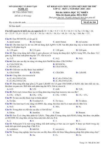 Đề thi thử THPT đợt 1 môn Hóa học 12 (Mã đề 204) - Năm học 2020- 2021 (Kèm đáp án)