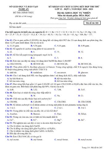 Đề thi thử THPT đợt 1 môn Hóa học 12 (Mã đề 205) - Năm học 2020- 2021 (Kèm đáp án)