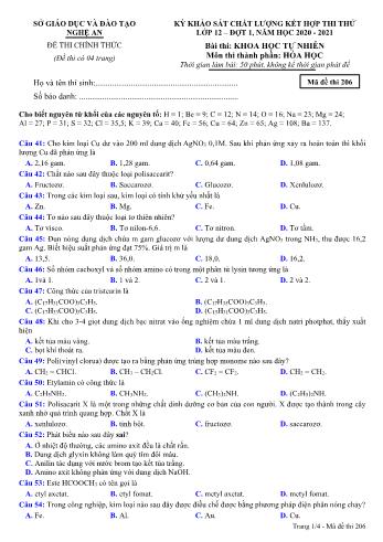 Đề thi thử THPT đợt 1 môn Hóa học 12 (Mã đề 206) - Năm học 2020- 2021 (Kèm đáp án)