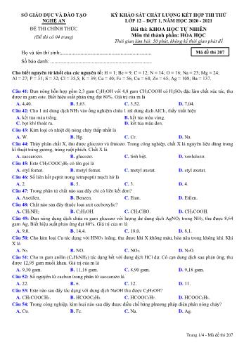 Đề thi thử THPT đợt 1 môn Hóa học 12 (Mã đề 207) - Năm học 2020- 2021 (Kèm đáp án)