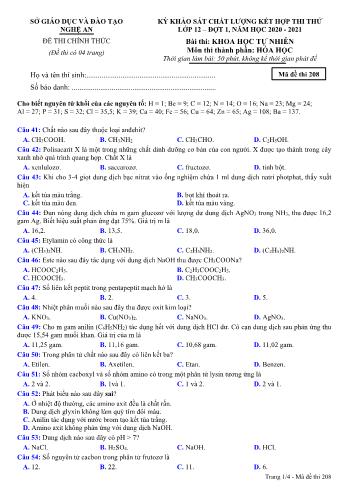 Đề thi thử THPT đợt 1 môn Hóa học 12 (Mã đề 208) - Năm học 2020- 2021 (Kèm đáp án)