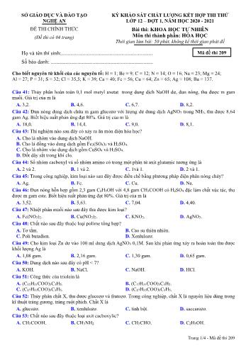 Đề thi thử THPT đợt 1 môn Hóa học 12 (Mã đề 209) - Năm học 2020- 2021 (Kèm đáp án)