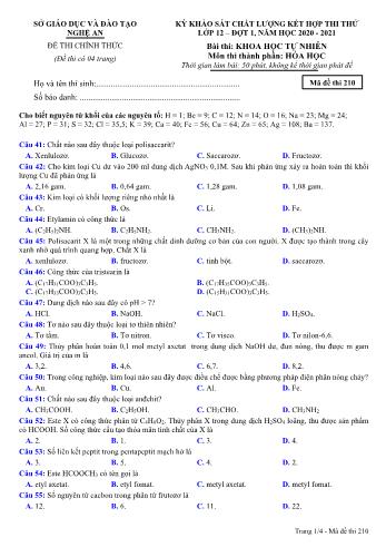 Đề thi thử THPT đợt 1 môn Hóa học 12 (Mã đề 210) - Năm học 2020- 2021 (Kèm đáp án)