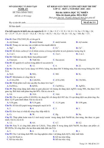 Đề thi thử THPT đợt 1 môn Hóa học 12 (Mã đề 211) - Năm học 2020- 2021 (Kèm đáp án)