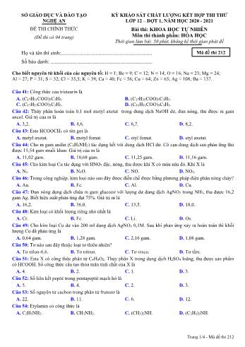Đề thi thử THPT đợt 1 môn Hóa học 12 (Mã đề 212) - Năm học 2020- 2021 (Kèm đáp án)