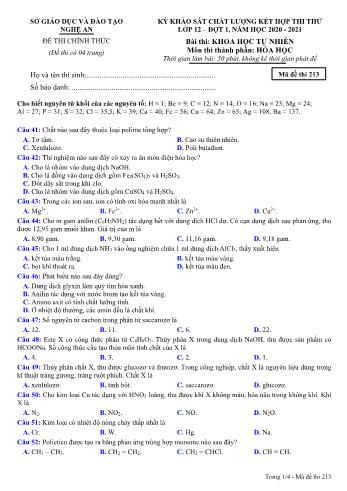 Đề thi thử THPT đợt 1 môn Hóa học 12 (Mã đề 213) - Năm học 2020- 2021 (Kèm đáp án)