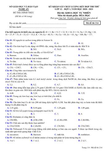 Đề thi thử THPT đợt 1 môn Hóa học 12 (Mã đề 214) - Năm học 2020- 2021 (Kèm đáp án)