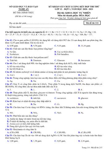 Đề thi thử THPT đợt 1 môn Hóa học 12 (Mã đề 215) - Năm học 2020- 2021 (Kèm đáp án)