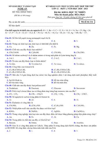 Đề thi thử THPT đợt 1 môn Hóa học 12 (Mã đề 216) - Năm học 2020- 2021 (Kèm đáp án)
