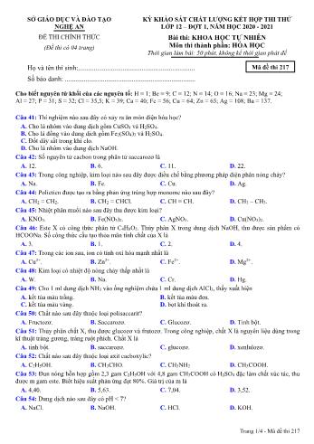 Đề thi thử THPT đợt 1 môn Hóa học 12 (Mã đề 217) - Năm học 2020- 2021 (Kèm đáp án)