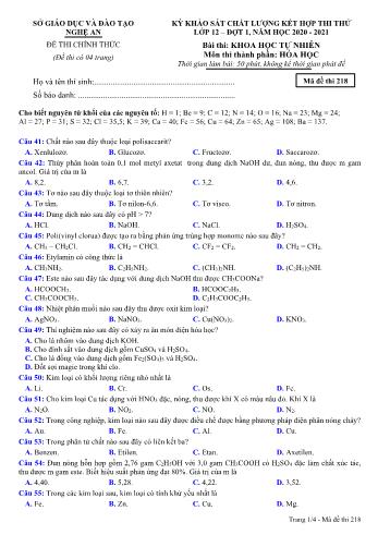 Đề thi thử THPT đợt 1 môn Hóa học 12 (Mã đề 218) - Năm học 2020- 2021 (Kèm đáp án)