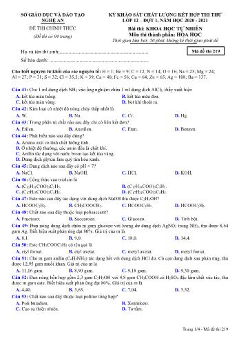 Đề thi thử THPT đợt 1 môn Hóa học 12 (Mã đề 219) - Năm học 2020- 2021 (Kèm đáp án)