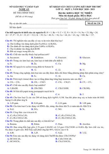 Đề thi thử THPT đợt 1 môn Hóa học 12 (Mã đề 220) - Năm học 2020- 2021 (Kèm đáp án)