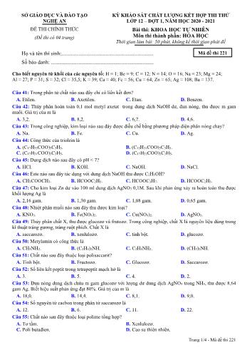 Đề thi thử THPT đợt 1 môn Hóa học 12 (Mã đề 221) - Năm học 2020- 2021 (Kèm đáp án)