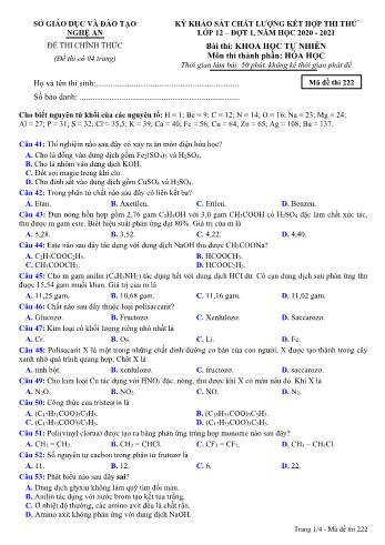 Đề thi thử THPT đợt 1 môn Hóa học 12 (Mã đề 222) - Năm học 2020- 2021 (Kèm đáp án)