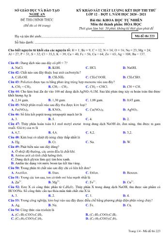 Đề thi thử THPT đợt 1 môn Hóa học 12 (Mã đề 223) - Năm học 2020- 2021 (Kèm đáp án)