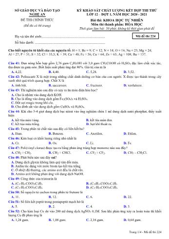 Đề thi thử THPT đợt 1 môn Hóa học 12 (Mã đề 224) - Năm học 2020- 2021 (Kèm đáp án)