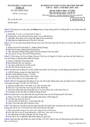 Đề thi thử THPT đợt 1 môn Lịch sử 12 (Mã đề 301) - Năm học 2020- 2021 (Kèm đáp án)