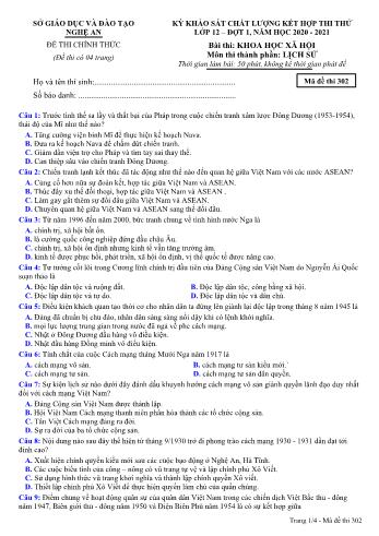 Đề thi thử THPT đợt 1 môn Lịch sử 12 (Mã đề 302) - Năm học 2020- 2021 (Kèm đáp án)