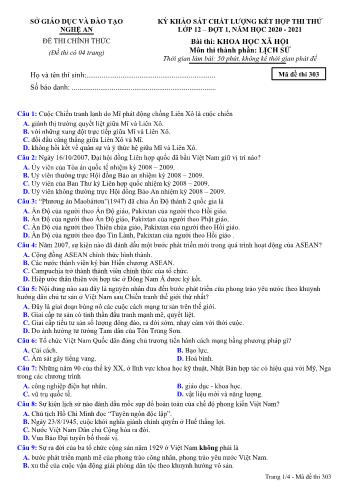 Đề thi thử THPT đợt 1 môn Lịch sử 12 (Mã đề 303) - Năm học 2020- 2021 (Kèm đáp án)