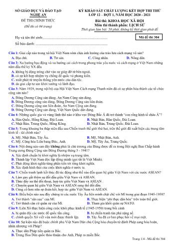 Đề thi thử THPT đợt 1 môn Lịch sử 12 (Mã đề 304) - Năm học 2020- 2021 (Kèm đáp án)