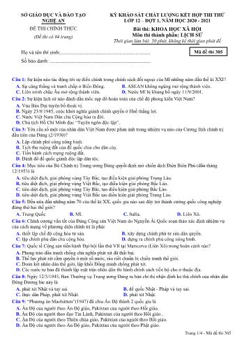 Đề thi thử THPT đợt 1 môn Lịch sử 12 (Mã đề 305) - Năm học 2020- 2021 (Kèm đáp án)
