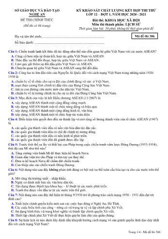 Đề thi thử THPT đợt 1 môn Lịch sử 12 (Mã đề 306) - Năm học 2020- 2021 (Kèm đáp án)