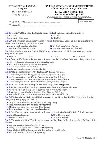 Đề thi thử THPT đợt 1 môn Lịch sử 12 (Mã đề 307) - Năm học 2020- 2021 (Kèm đáp án)