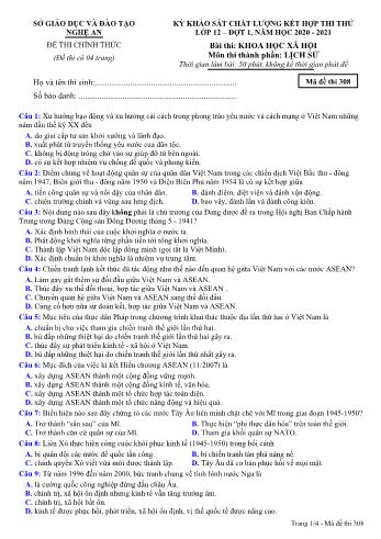 Đề thi thử THPT đợt 1 môn Lịch sử 12 (Mã đề 308) - Năm học 2020- 2021 (Kèm đáp án)